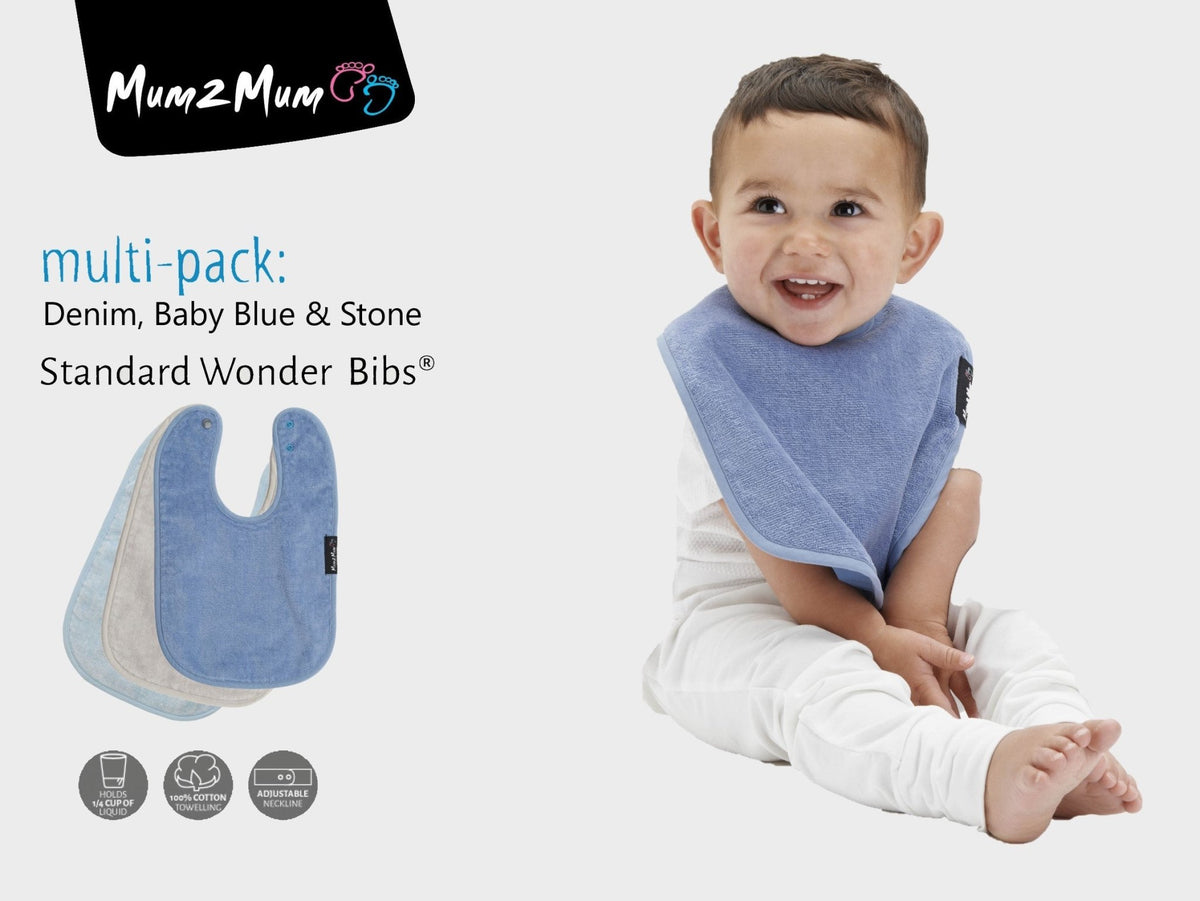 3 PACK - Mum 2 Mum Standard Bibs - Denim / Baby Blue / Stone - Baby&More