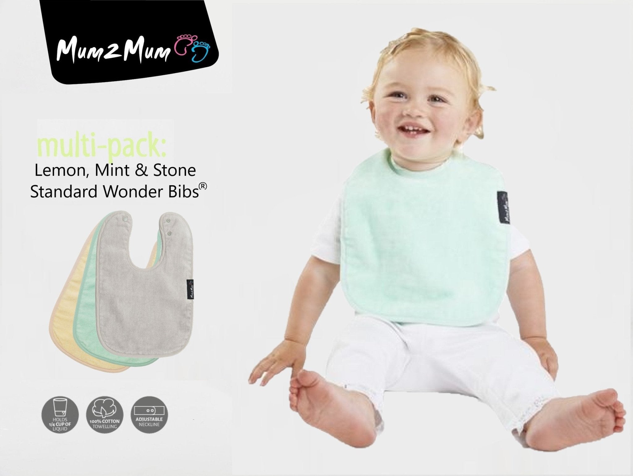 3 PACK - Mum 2 Mum Standard Bibs - Lemon / Mint / Stone - Baby&More