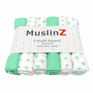 MuslinZ Paquete de 6 cuadrados de muselina - 6 colores y patrones