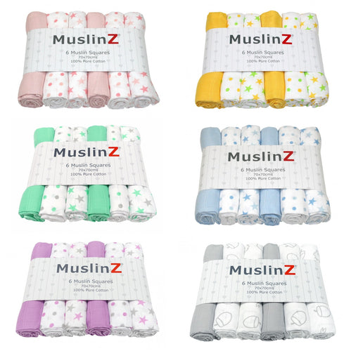 MuslinZ 6 Pack Muslin Squares - 6 Colours and Patterns