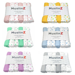 MuslinZ 6 Pack Muslin Squares - 6 Colours and Patterns