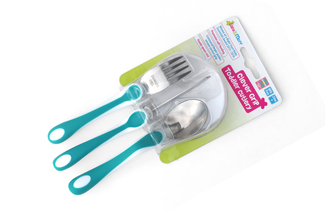 Toddler Training Cutlery 3pc set with Clever Grip - Teal/White