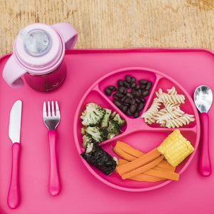 Assiette d'apprentissage en silicone rose, vert, bleu marine ou aqua