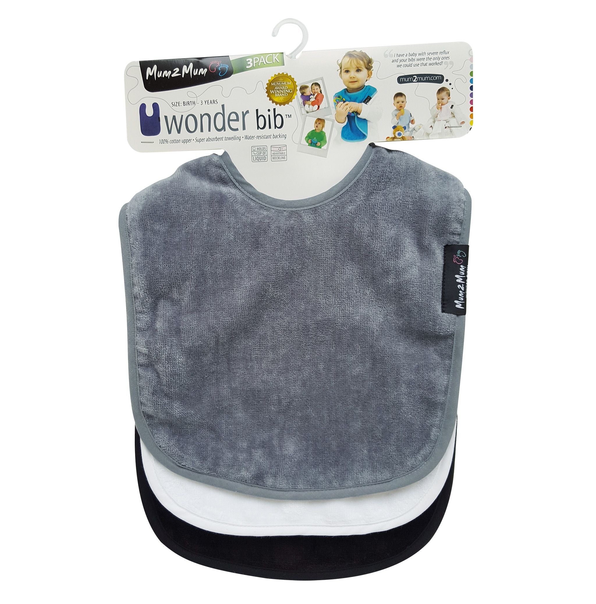 3 PACK - Mum 2 Mum Standard Wonder Bibs - ANY COLOURS