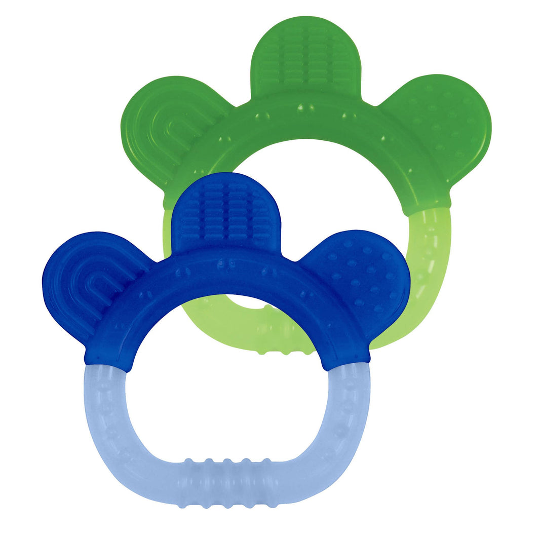 Anneau de dentition en silicone - Paquet de deux - Aqua et jaune / Bleu et vert / Rose et violet