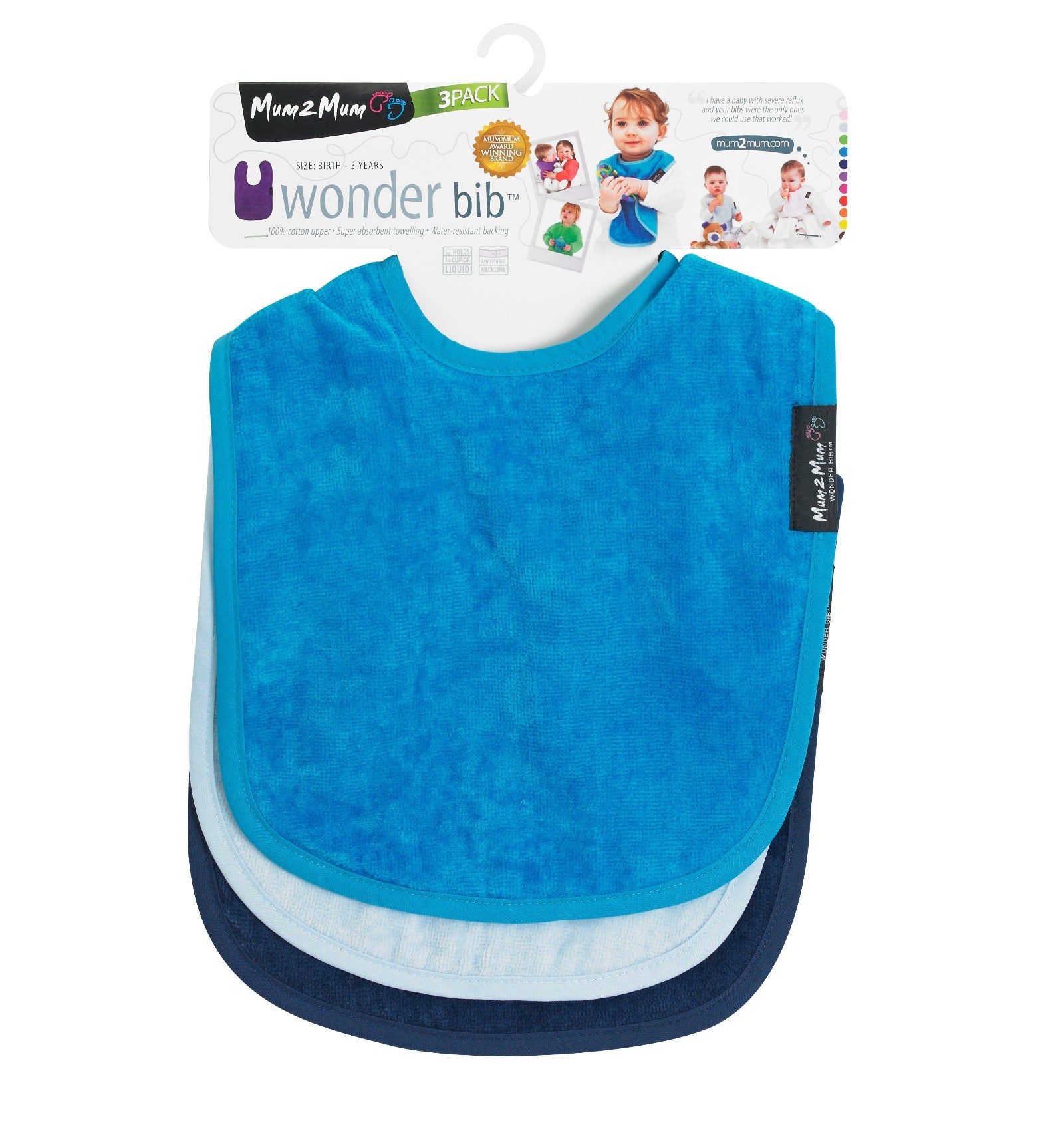 3 PACK - Mum 2 Mum Standard Wonder Bibs - ANY COLOURS