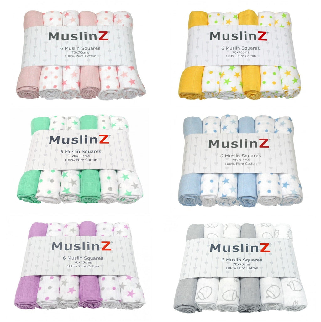 Muslin Squares Six & 12 Pack - Nine Colours & Patterns - Baby&More